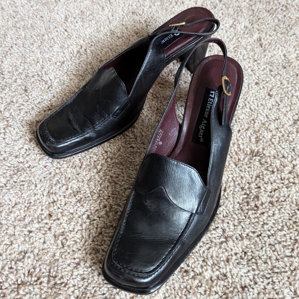 Etienne Aigner Slingbacks Womens 7.5N Black Leather Ellie Square Toe Loafer VTG